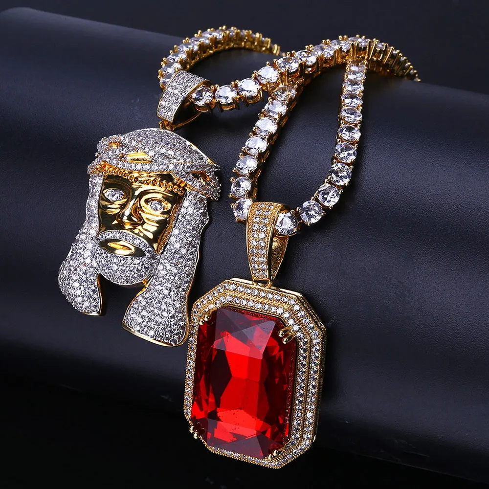 

TOPGRILLZ Hip Hop Necklace Gold Color Iced Out Micro Pave CZ Stone Red Stone Pharaoh Pendant Necklace With CZ Stone Tennis Chain