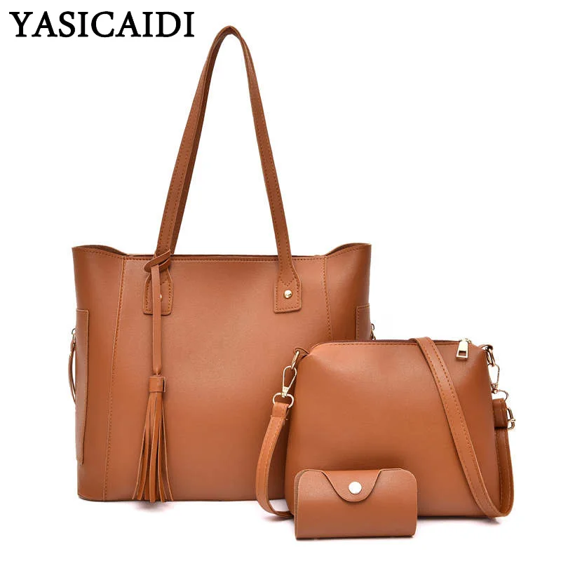 

YASICAIDI Luxury Solid PU Handbags Crossbody Bag Wallet Card Holder Purse 3pcs/Set Large Capacity Casual Tote Women Shoulder Bag