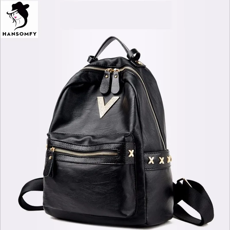 High Quality Women Backpack Preppy Style Black Leather School Bag for Girl Big Capacity Metal Decoration