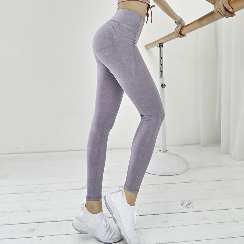 Женские леггинсы для фитнеса, полиэстер, длина по щиколотку, тонкие, пуш-ап, женские брюки для йоги, с карманами, для тренировок, танцев, модные брюки - Цвет: Фиолетовый