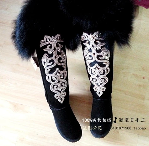 

Exclusive new original handmade rhinestone ultimate luxury oversized fox fur snow boots leather knee ultra barrel
