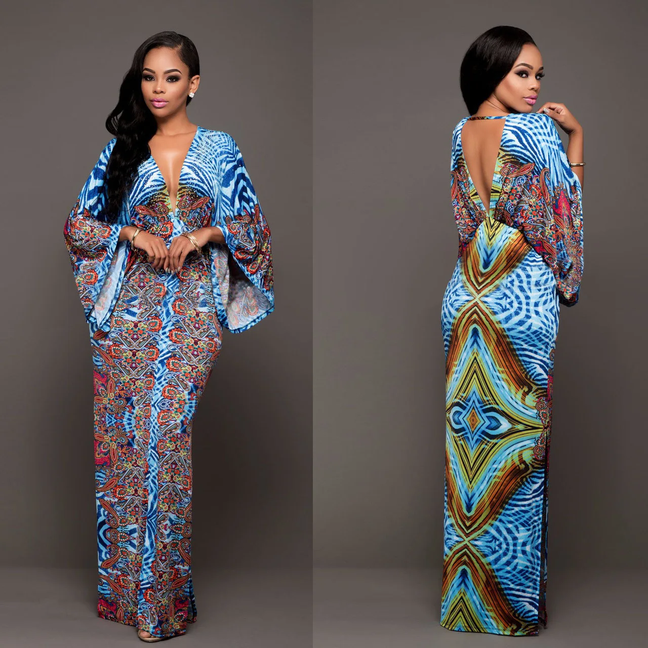Robes Traditionnelles africaines Offre Spéciale Polyester Robes 2017 Nouvelles Femmes de Mode Élégante Impression Femmes des Vêtements V Profond Retour de