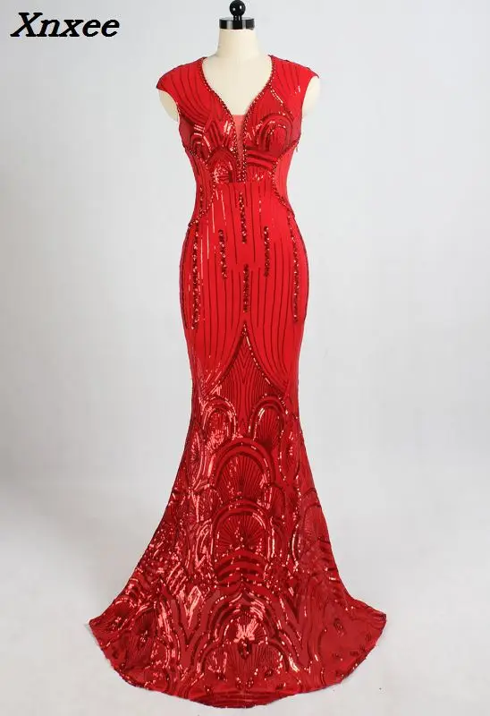 2018 Luxury Red Beads Spandex Dress Long Evening Party Club Woman V Neck Mermiad Sexy Sequined Dress Formal Prom Gowns Vestidos