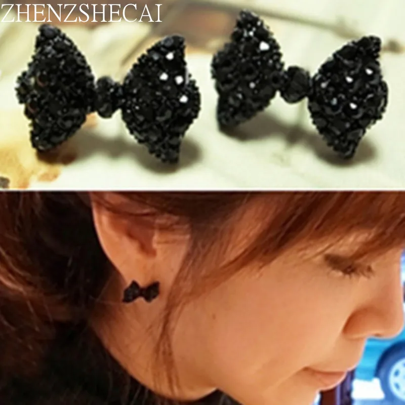 

Wholesale 2017 Girl New Fashion Vintage Black Cute Crystal Bow Stud Earrings For Women Jewelry Boucle d'oreille Brincos NE423