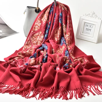 

Women Wedding 100% Wool Scarf Winter Brand 2019 Shawls and Wraps for Ladies Bride Bridesmaid Embroidery Pashmina Wool Scarves