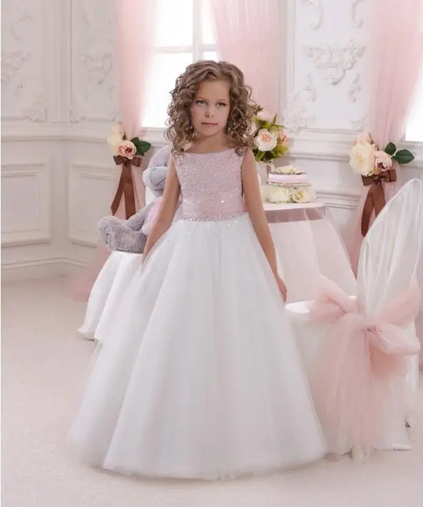 

New Princess First Communion Dress Girls Pageant Gown Rhinestone Beading Puffy Tulle 2019 New Flower Girl Dress for Wedding