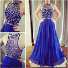 Sexy Perlen Kristall Prom Kleider 2017 O Neck Lange Royal Blue Chiffon Formale Abend-partei-kleider
