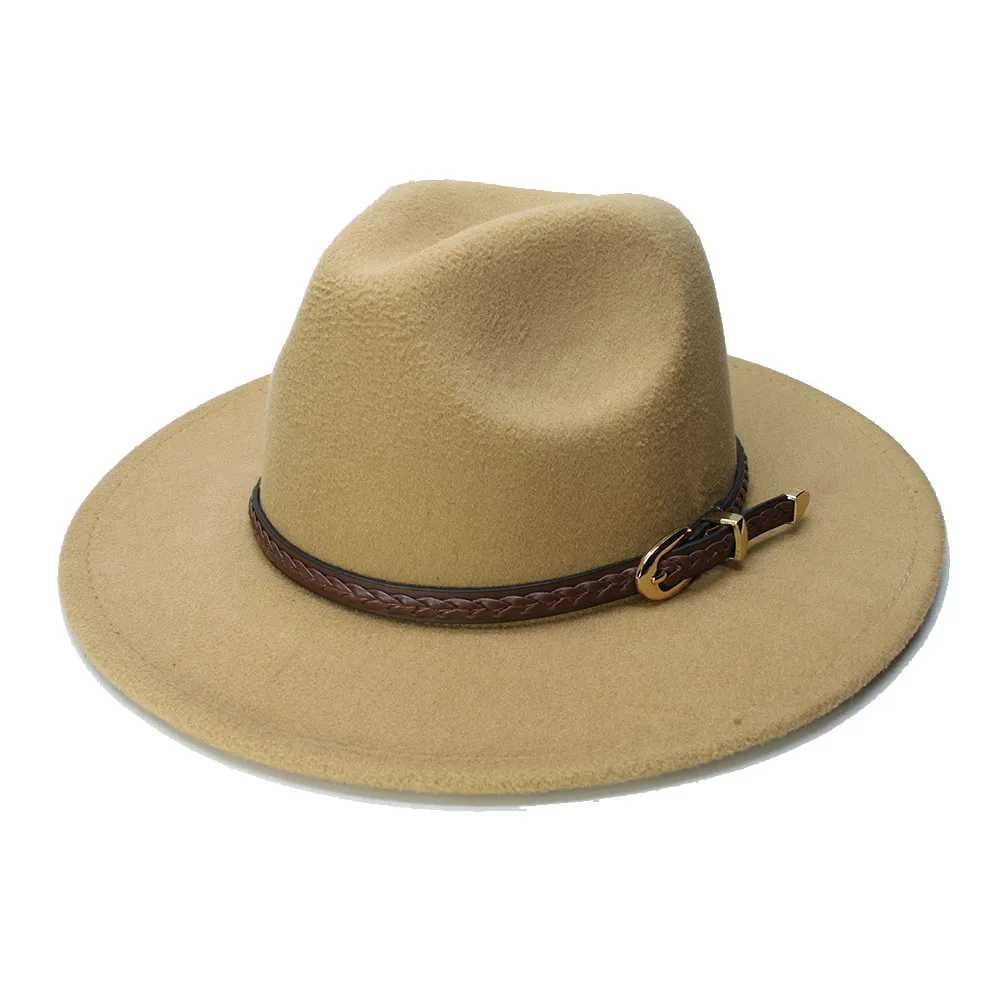 summer fedora LUCKYLIANJI Retro Women Men Vintage 100% Wool Wide Brim Cap Fedora Panama Jazz Bowler Hat Brown Knit Leather Band (57cm/adjust) small fedora hat