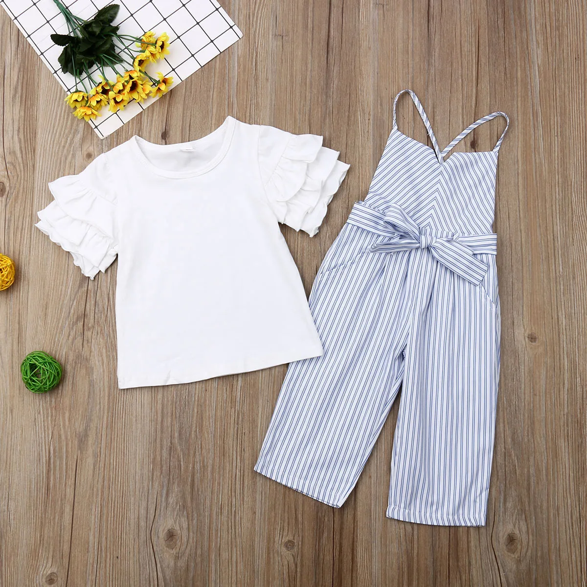 Pudcoco Toddler Baby Girl Clothes Cotton Ruffle T-Shirt Tops Striped Overalls Pants 2Pcs Outfits Summer Clothes - Цвет: as the picture