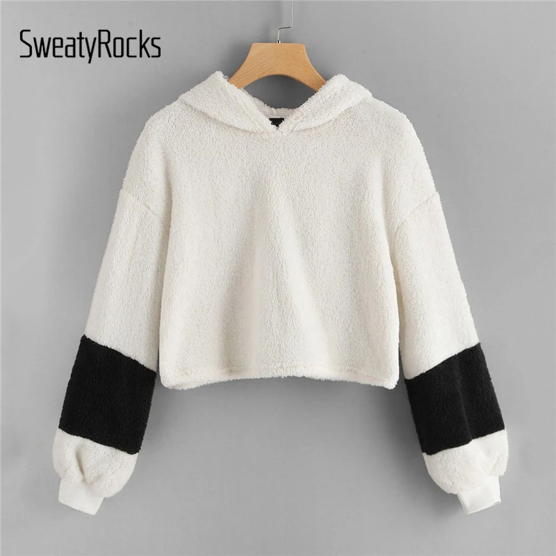 SweatyRocks الأبيض رقيق المحاصيل تيدي هوديي عارضة طويلة الأكمام مقنعين البلوز 2018 أزياء الخريف الشتاء النساء بلوزات