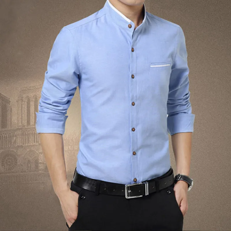 Men Shirt Solid Stand Collar Men's Tops Tees Long Sleeve Print Shirt ...