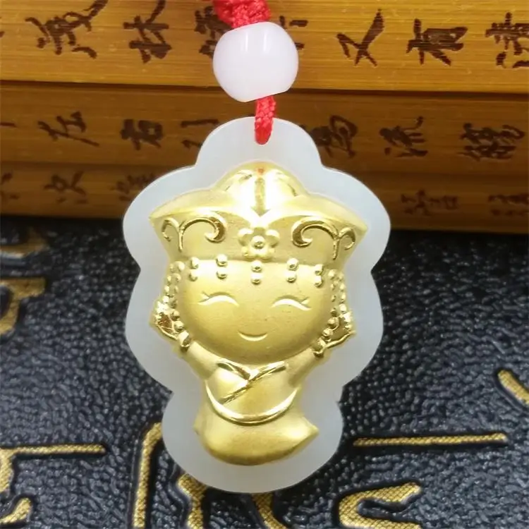 

Natural HeTian Yu white jade Mosaic prairie princess pendant Little angel jade Necklace + Certificate Fashion Jewelry
