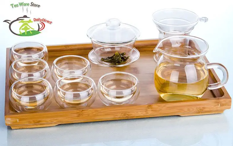 1х 10в1 стеклянный чайный набор кунг-фу-жаростойкий стеклянный чайный горшок Gaiwan+ ситечко+ кувшин Chahai+ 6 кофейных чайных чашек+ бамбуковый поднос
