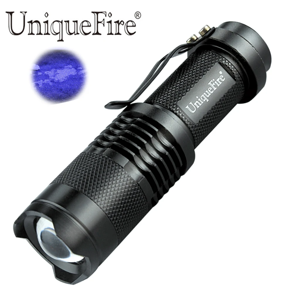 

UniqueFire SK68 Mini Zoomable UV 395nm-400nm Ultraviolet Led Black Flashlight 1 mode Zoom UV Ultraviolet Black Torch Lamp