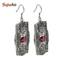 Szjinao Корея Классический личность тенденция открытые красный рубин орнамент 925 серебро роскошные свадебные серьги