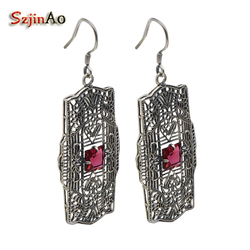 

Szjinao Korea classical personality trend hollow-out red ruby decorative pattern 925 sterling silver luxury wedding earrings
