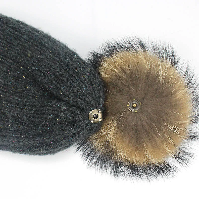 Женская зимняя шапка с помпоном из натурального меха енота|Женские Skullies и