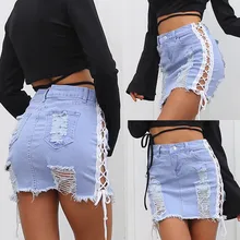 High Waist Ripped Holes Denim Skirts Women Sexy Bandage Lace-Up Jeans Skirt Female Skinny Hollow-Out Miniskirt Summer Fashion lace insert ripped denim skirt