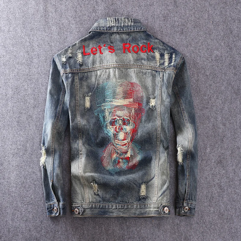 Fashion Streetwear Men Jacket Skull Embroidery Designer Punk Style Ripped Denim Jacket Men Coat Rock Hip Hop Jean Jacket Hombre