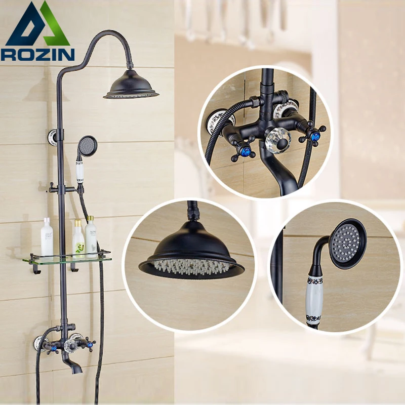 

Retro Style Bathroom Shower Set Faucet W/ Commodity Shelf Hangers Dual Handle Shower Mixer Tap Rotation Tub Spout Wall Mounted