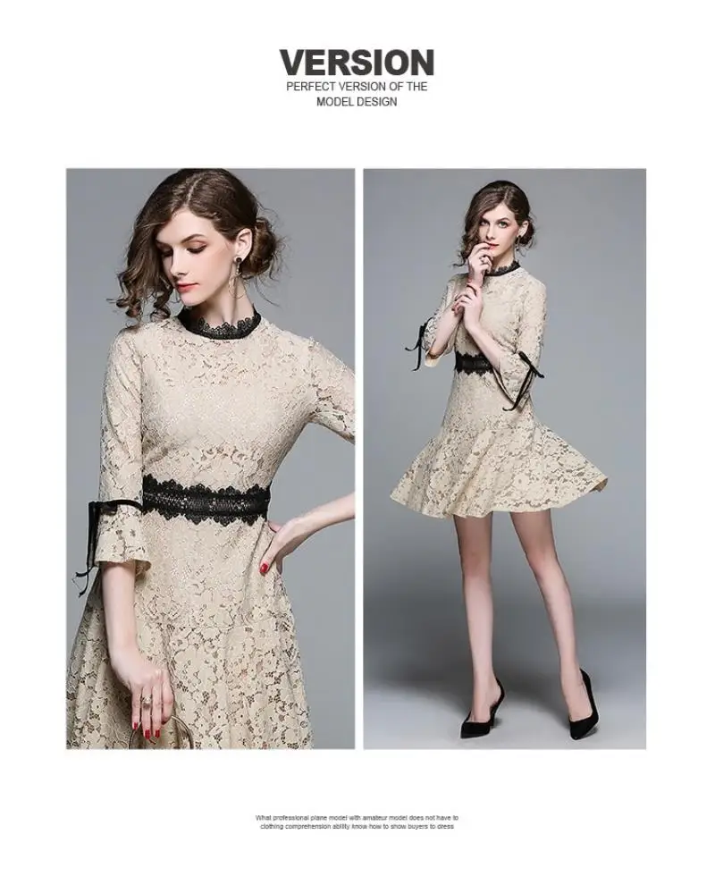 HIGH QUALITY New Fashion 2018 Runway Dress Women's Flare Sleeve Hollow out lace fishtail dress Lady Skirt Midi Dress