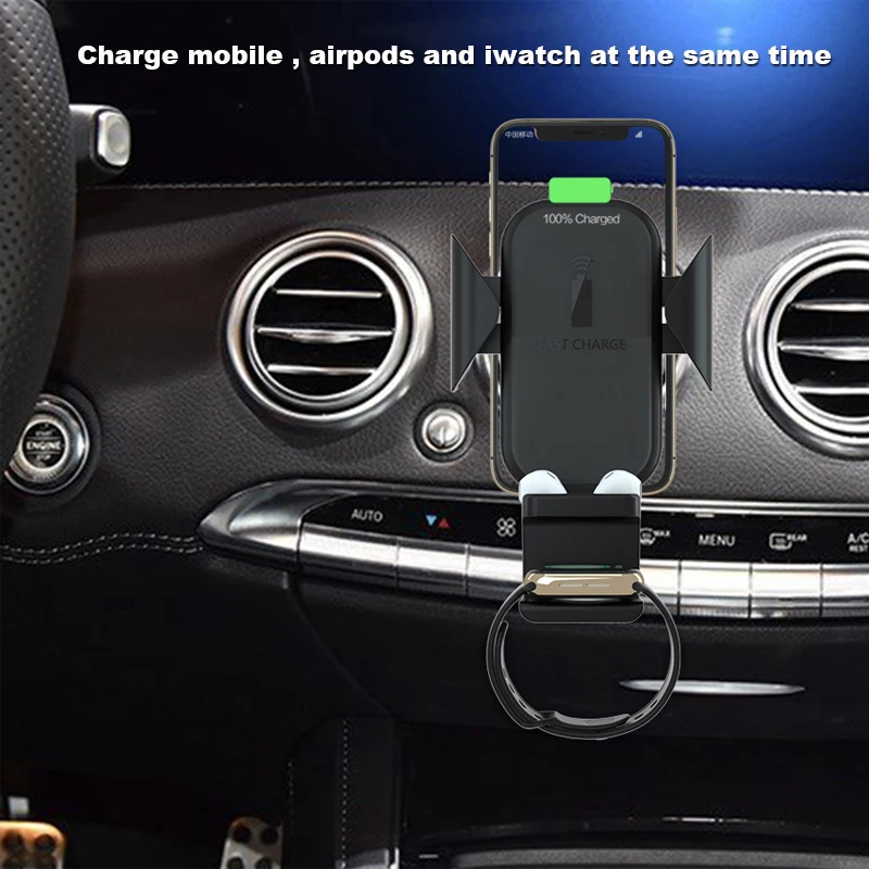 Автомобильное QI Беспроводное зарядное устройство подставка для iPhone Airpods Apple Watch 1 2 3 4 Быстрая Беспроводная зарядка Автомобильный держатель для iwatch