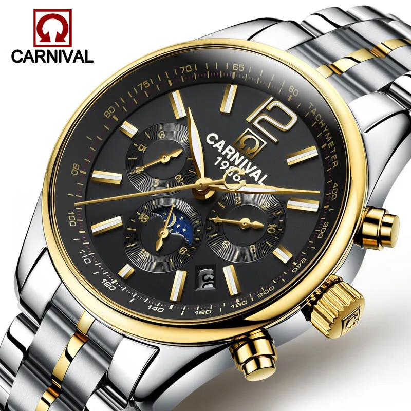 

Carnival Multifunction Mechanical Watch Male Stainless Steel Automatic Mens Watches Top Brand Luxury Moon phase Luminous Clock
