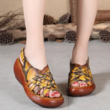 

High End New 100% Natural Full Genuine Leather Sandals Women Fashion Sandals Comfortable Retro Weaving Wedge Sandals Women Shoes