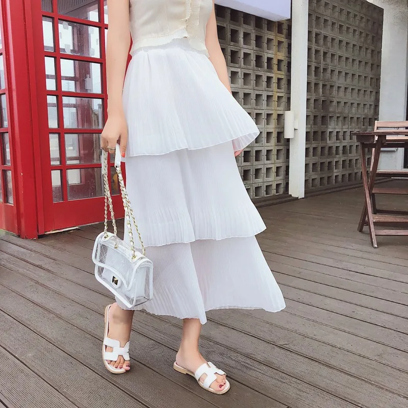 Новые Модные Белые черная юбка Для женщин Высокая Талия Слои оборками ботильоны-Длина торт юбки студентка Весна Лето Юбка