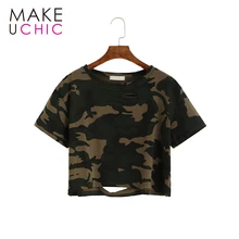MAKEUCHIC Apparel Women T-shirt Casual Camouflage Crew Neck Female Crop Tops Streetwear Shaping Hollow Out Slim Short Tee