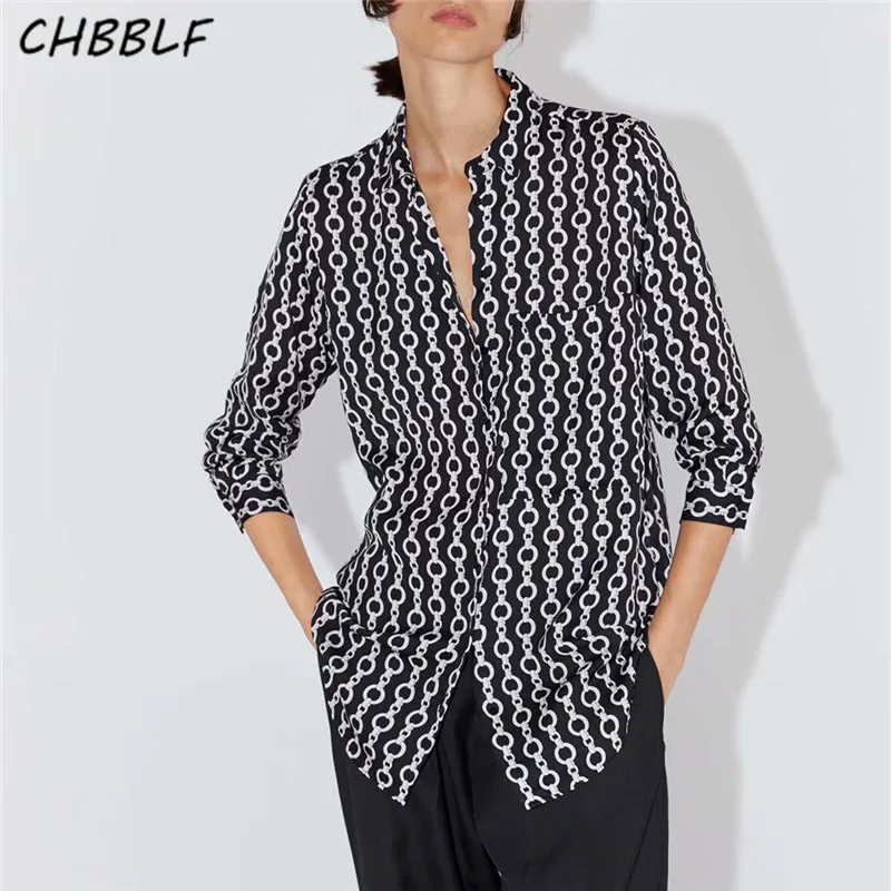 

CHBBLF women elegent print blouse long sleeve turn down collar pocket shirt casual female tops blusas XDN8924