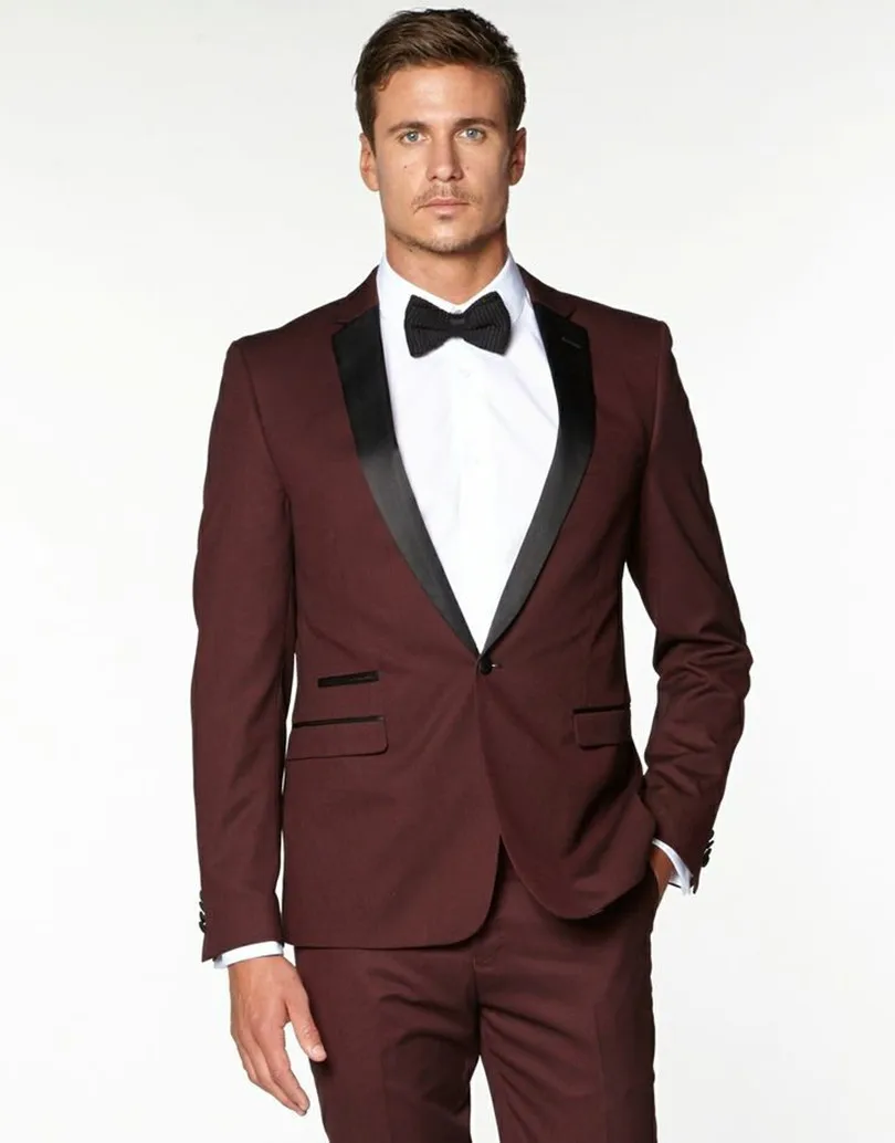 Groomsmen Notch Black Lapel Groom Tuxedos Burgundy/Wine Men Suits