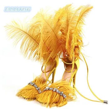 

Fashion 2019 Summer Feather Diamond Decorated Stilettos Women Sandals Lace-up Sexy Ladies High Heel Shoes Summer Sandalias Mujer