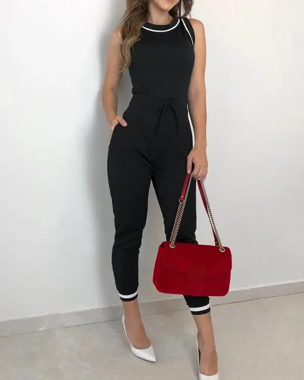 

Office Style Stripe Patchwork Black Jumpsuit Women Rompers Tie Waist Night Club Overalls Casual Outfit