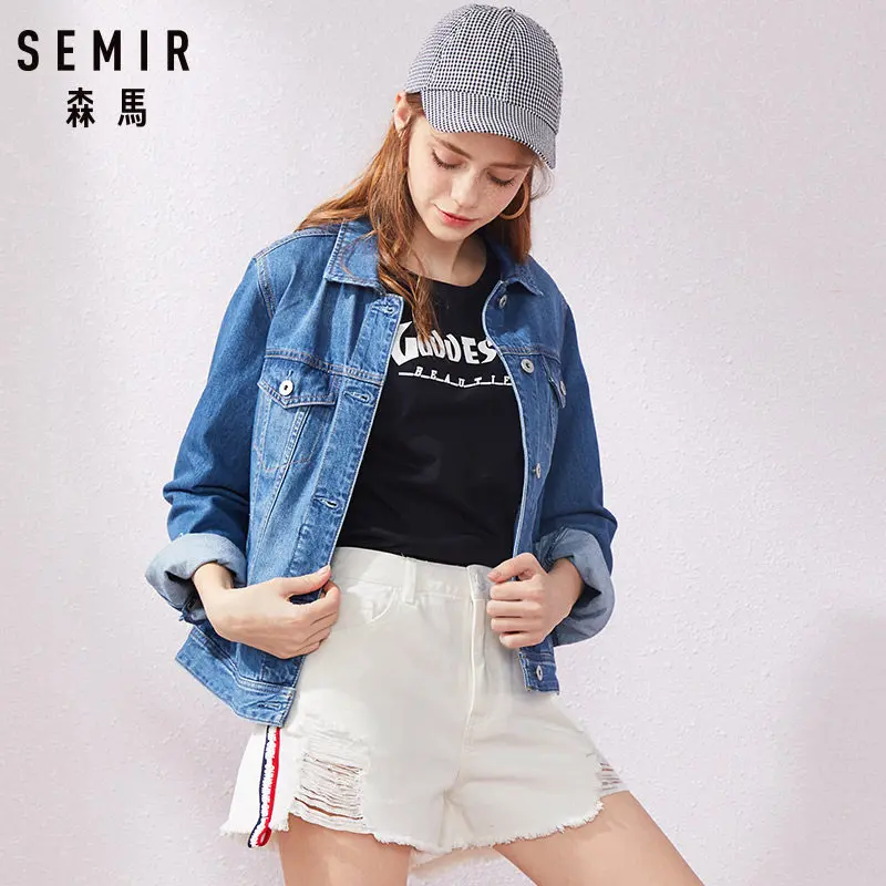 astounding SEMIR Women 100% Cotton Short Denim Jacket with Collar Girl Boyfriend Denim Jacket with Chest Pocke