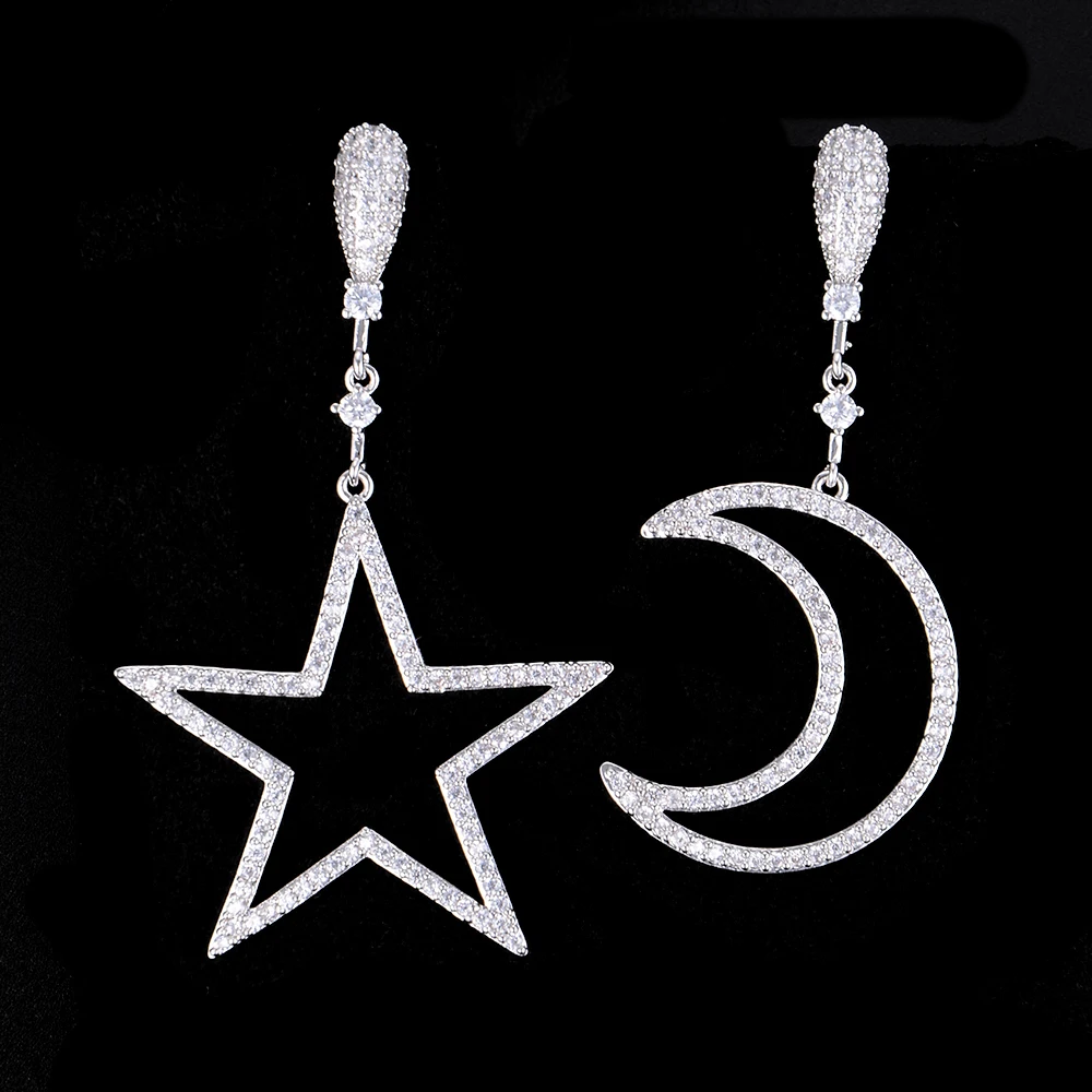

missvikki Cute Romantic Lovely Clear Stone Asymmetry Star&Moon Pendant Earrings Mini Full Cubic Zirconia For Women Party Jewelry