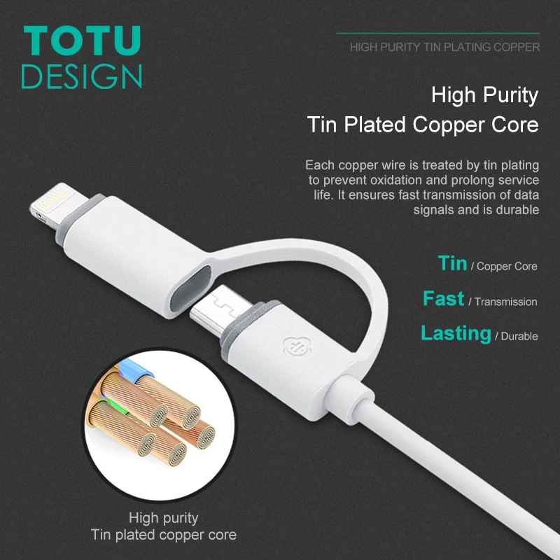 Кабель micro USB TOTU 2 в 1 для Samsung Xiaomi Huawei Android зарядный кабель мобильного телефона iphone 7