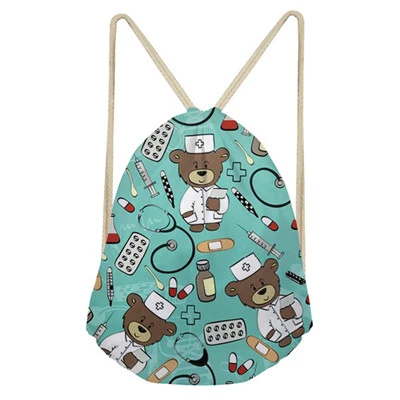 Noisydesigns Cute School Girls Drawstring Bag Cartoon Nurse Bear Print Women Small String Shoulder Bags Kids