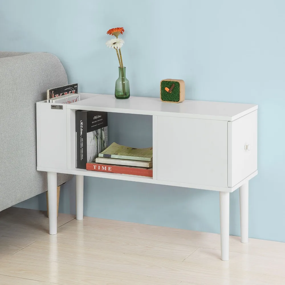 SoBuy FBT60-W ، طاولة جانبية القهوة نهاية الجدول على خشب متين الساقين مع درج غرفة المعيشة الأثاث