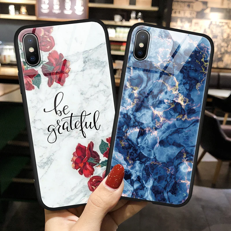 

Tempered Glass Marble Phone Case For Apple iPhone X 10 8 7 6 6s Plus Back Cover For Funda iPhone XR XS Max X Florals Soft Coque