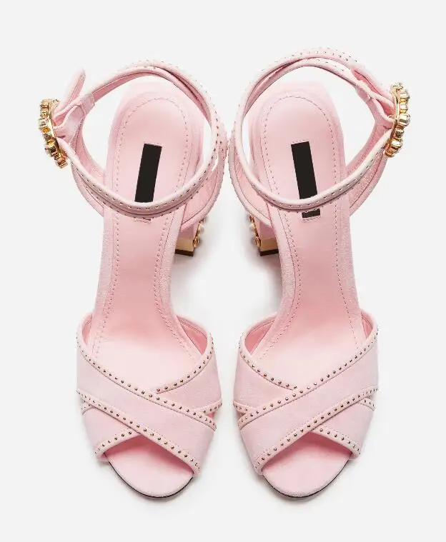 

Fashion Pink Suede Pearl Gladiator Dress Sandals Women Crystal Buckle Chunky Heel Sandals Best Wedding Sandals Shoes Pumps