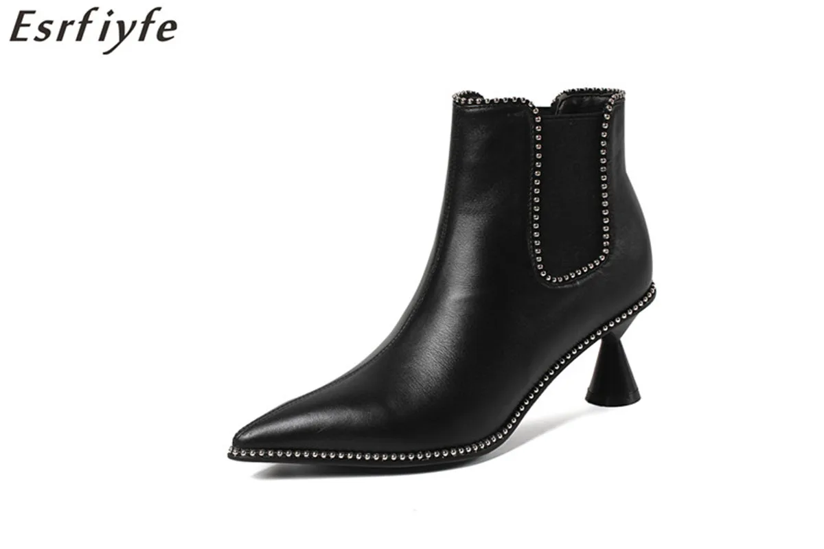 

ESRFIYFE New Antumn Winter Genuine Leather Women Ankle Boots Pointed Toe High Heels Shrot Plush Boots Crystal TPR Shoes Woman
