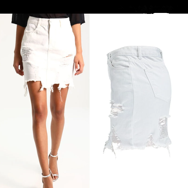 White Summer Fringe Tassel Jean Skirt Sexy High waist Ripped Hole Short