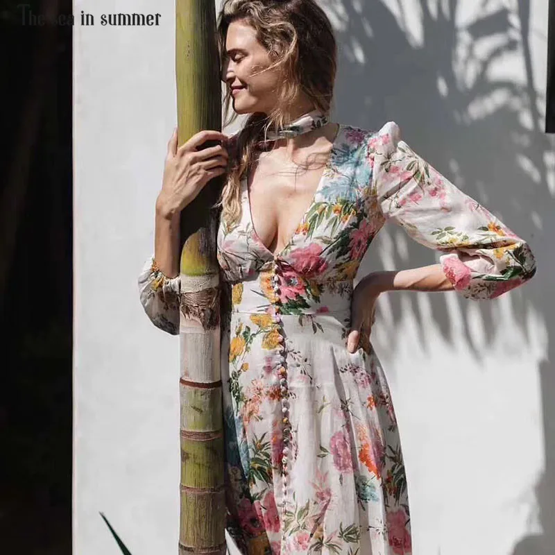 

Holiday robe sexy long sleeve Linen dress seductive femininity painting garden flower pattern sexy deep V-neck beach dress