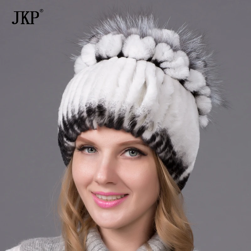 

Women Winter Rex Natural Real Rabbit Fur Hat Feather Fox Knitted Hedging Cap Female 2022 New Shelves THY-10