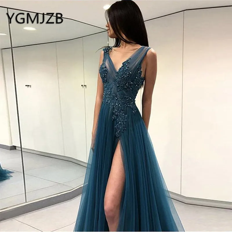 

Evening Dresses Long 2019 A-Line Deep V-Neck High Side Split Backless Beaded Appliques Lace Women Formal Prom Gown Party Dress