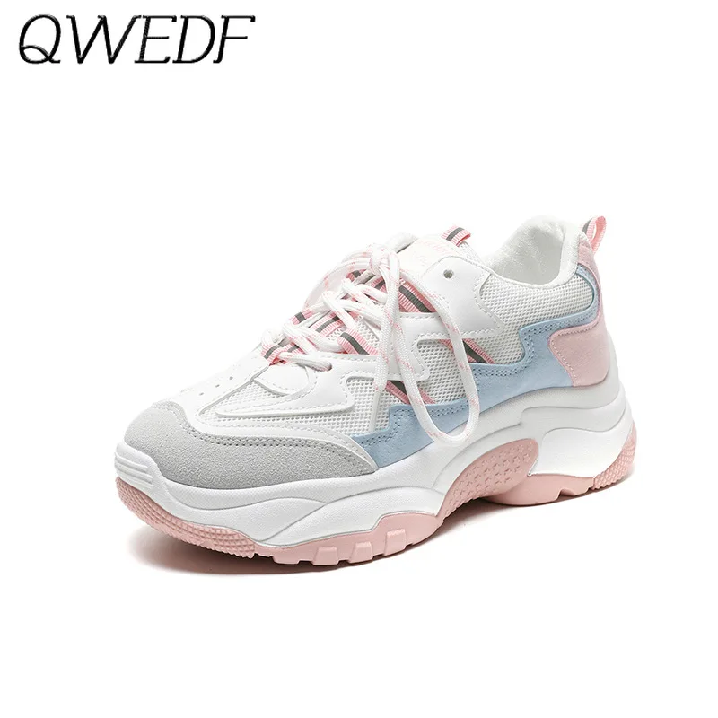 

2019 New Fashion Women's Chunky Sneakers Women Platform Shoes Lace Up Pink Vulcanize Shoes Womens Female Trainers N1-15