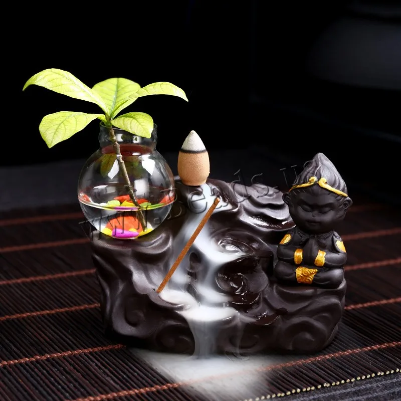 Backflow Incense Burner Cute Monkey King Censer Smoke Waterfall With Vase Ceramic Incense Holder Decor Home Aromatherapy Censer