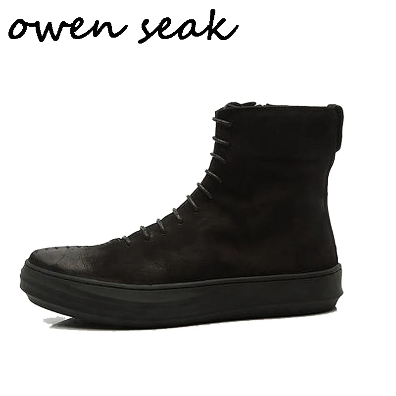 

Owen Seak Men Casual Shoes High-TOP Ankle Boots Genuine Leather Sneaker Zip Luxury Trainers Lace-up Winter Flat Black Shoes