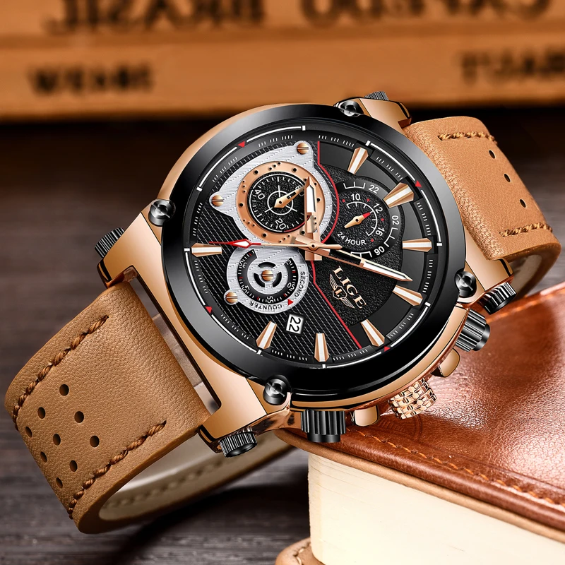  2018 LIGE Mens Watches Top Brand Luxury 24 hour Date Quartz Watch Man Leather Big dial Sport Wrist Watch Men Waterproof Clock